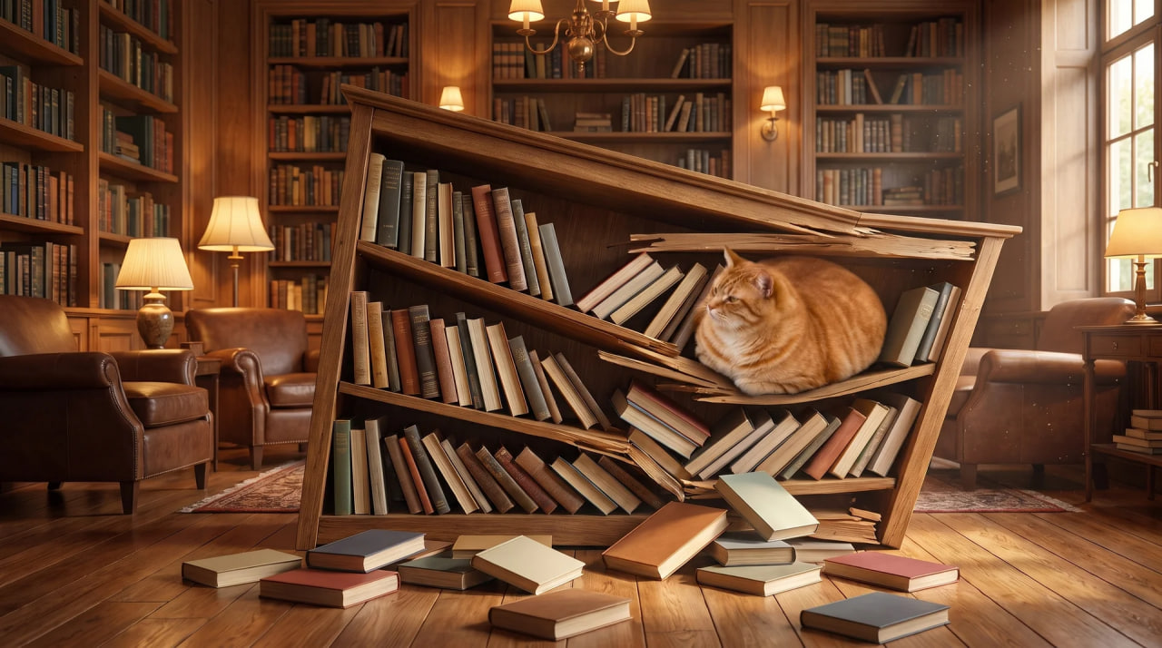 DIP CAT nestled in a dipping bookshelf