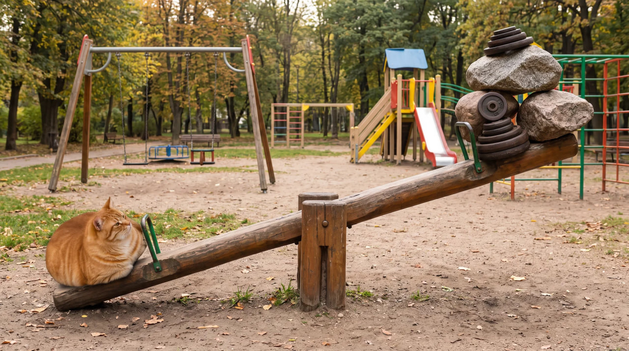 DIP CAT relaxing on a playground seesaw