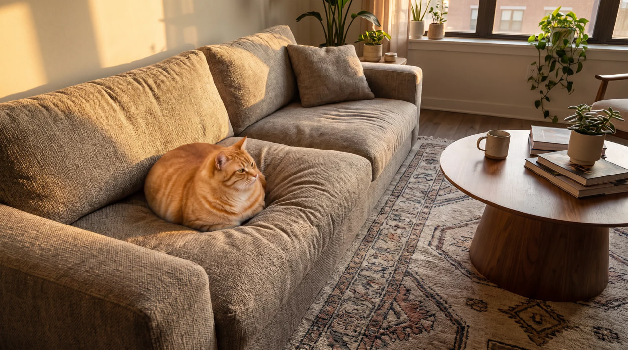 DIP CAT sinking into a cozy sofa